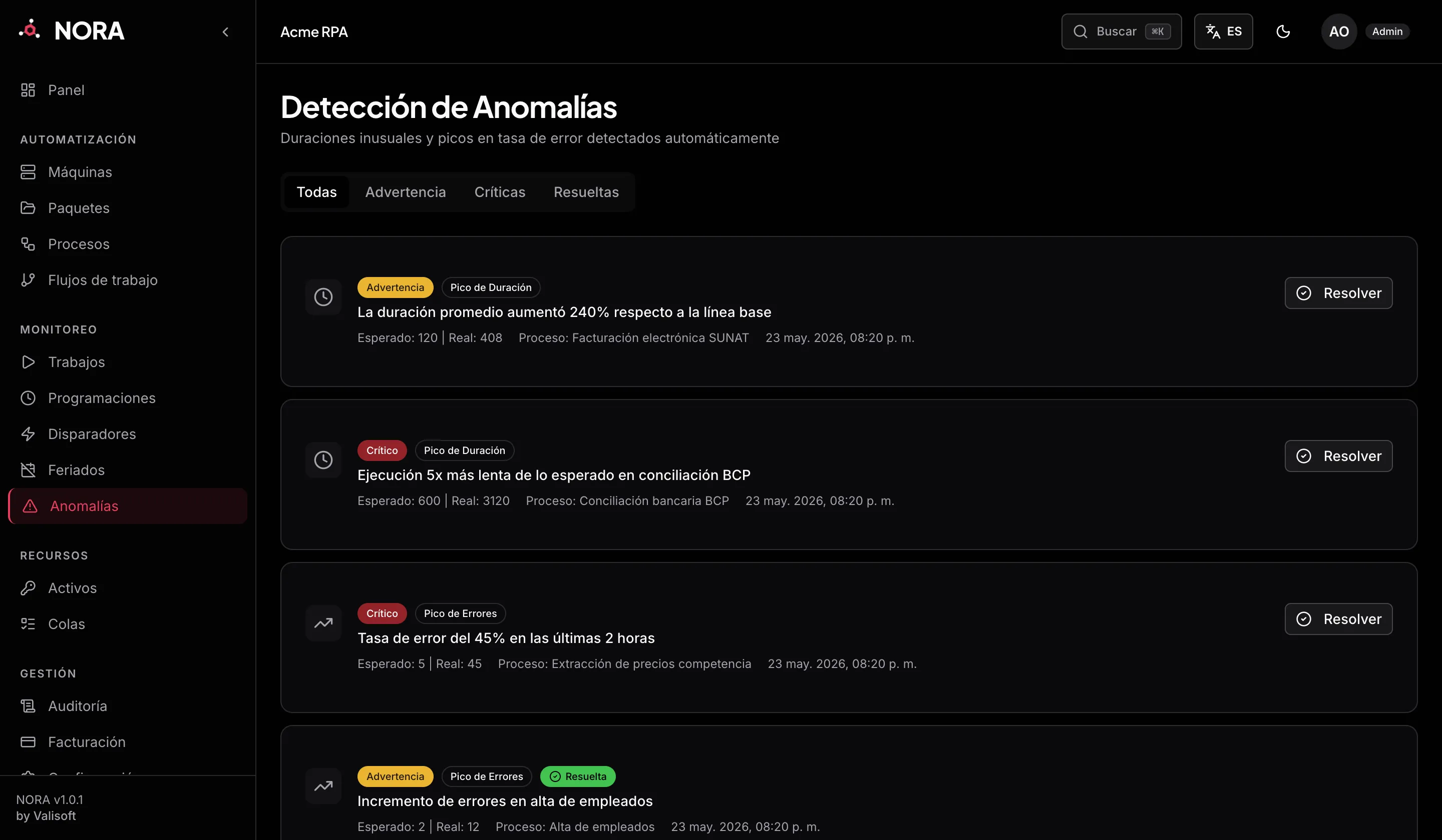 Detección de anomalías en NORA: tarjetas con la severidad, el tipo de anomalía, los valores esperado y real, y el proceso afectado.