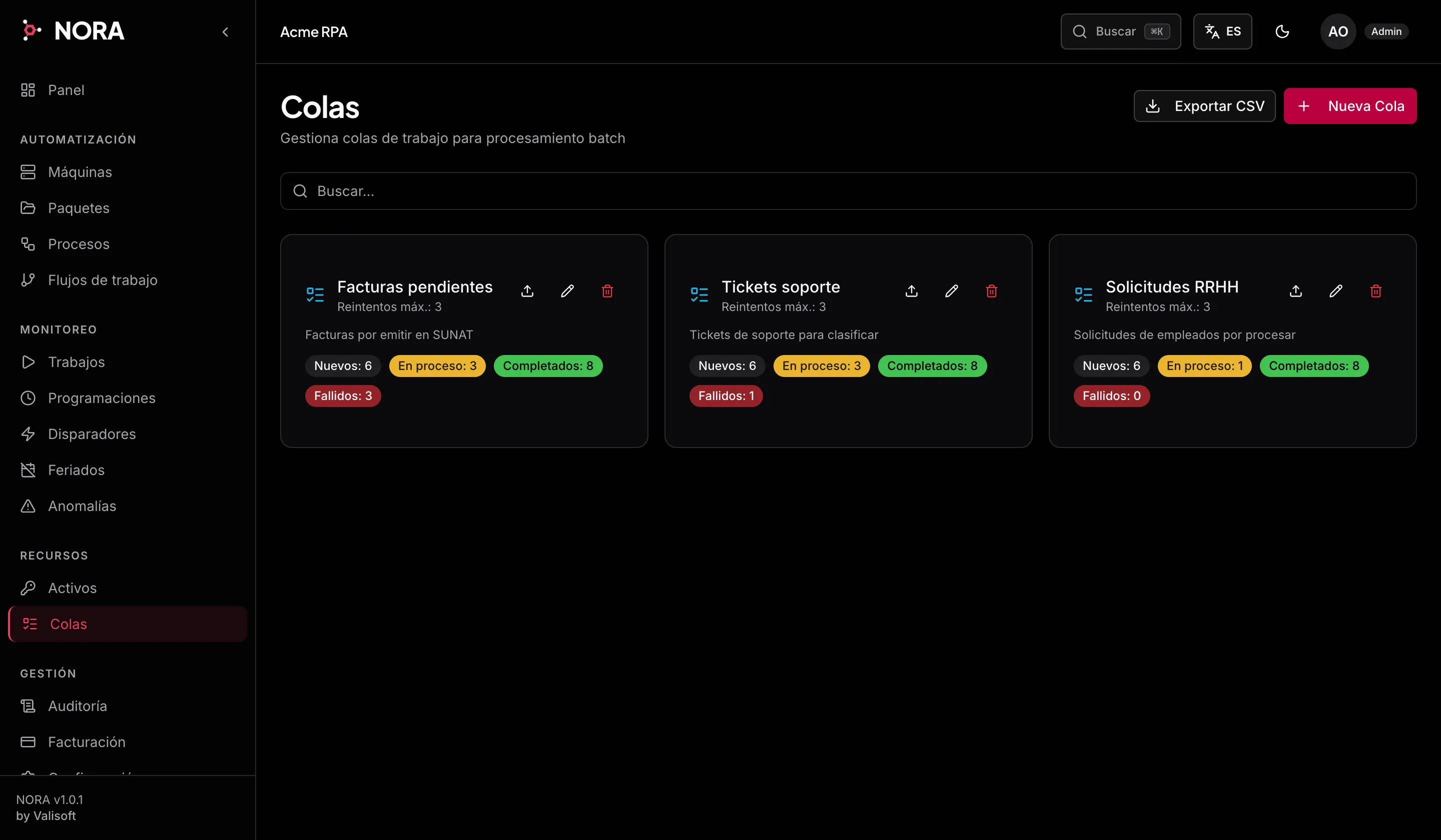 Colas de trabajo en NORA, cada una con su recuento de items nuevos, en proceso, completados y fallidos.