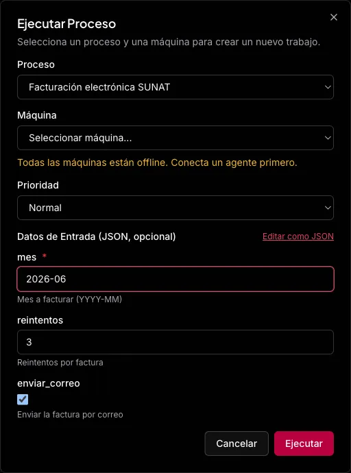 Modal "Ejecutar Proceso" de NORA mostrando el formulario de parámetros de entrada precargado desde el proceso: campo de texto "mes" (obligatorio), número "reintentos" y casilla "enviar_correo", cada uno con su descripción.