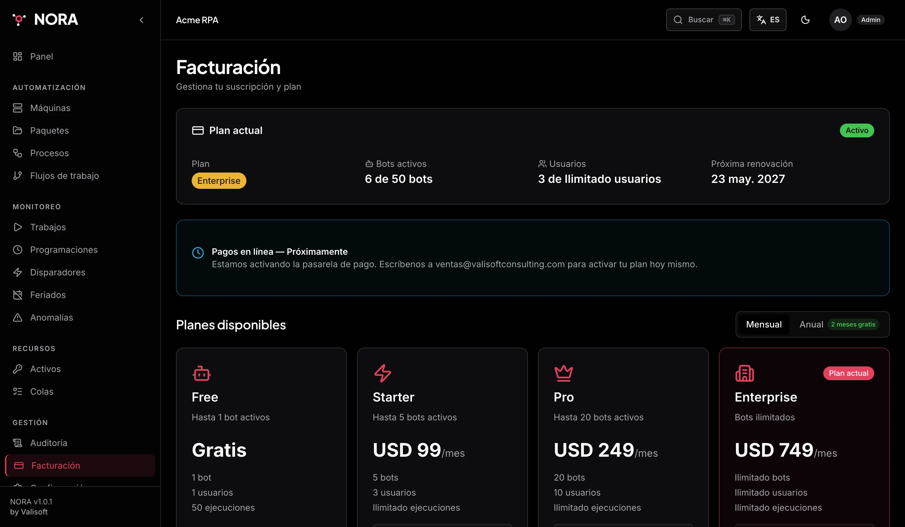 Página de facturación de NORA con el plan actual, el comparativo de planes Starter, Pro y Enterprise, y el historial de comprobantes.
