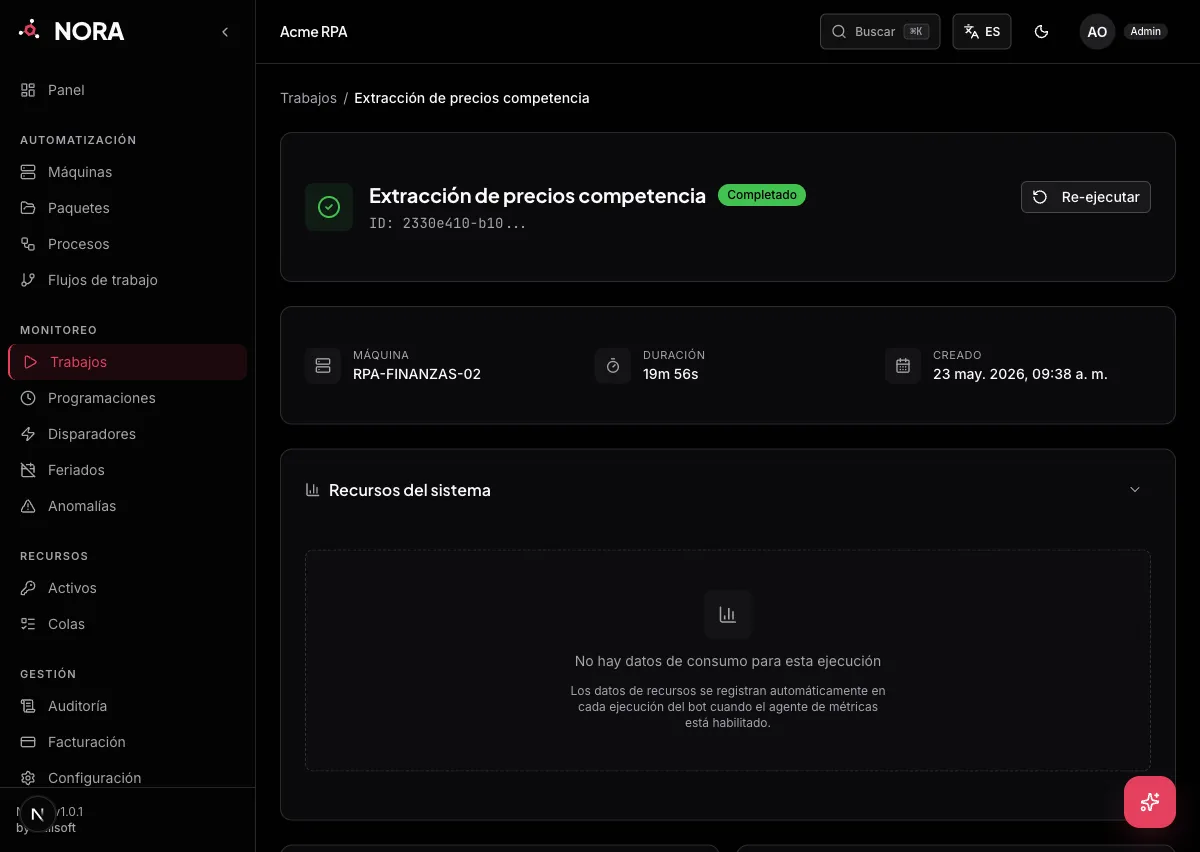 Detalle de un job completado en NORA con sus logs en vivo, la barra de progreso y la salida del robot