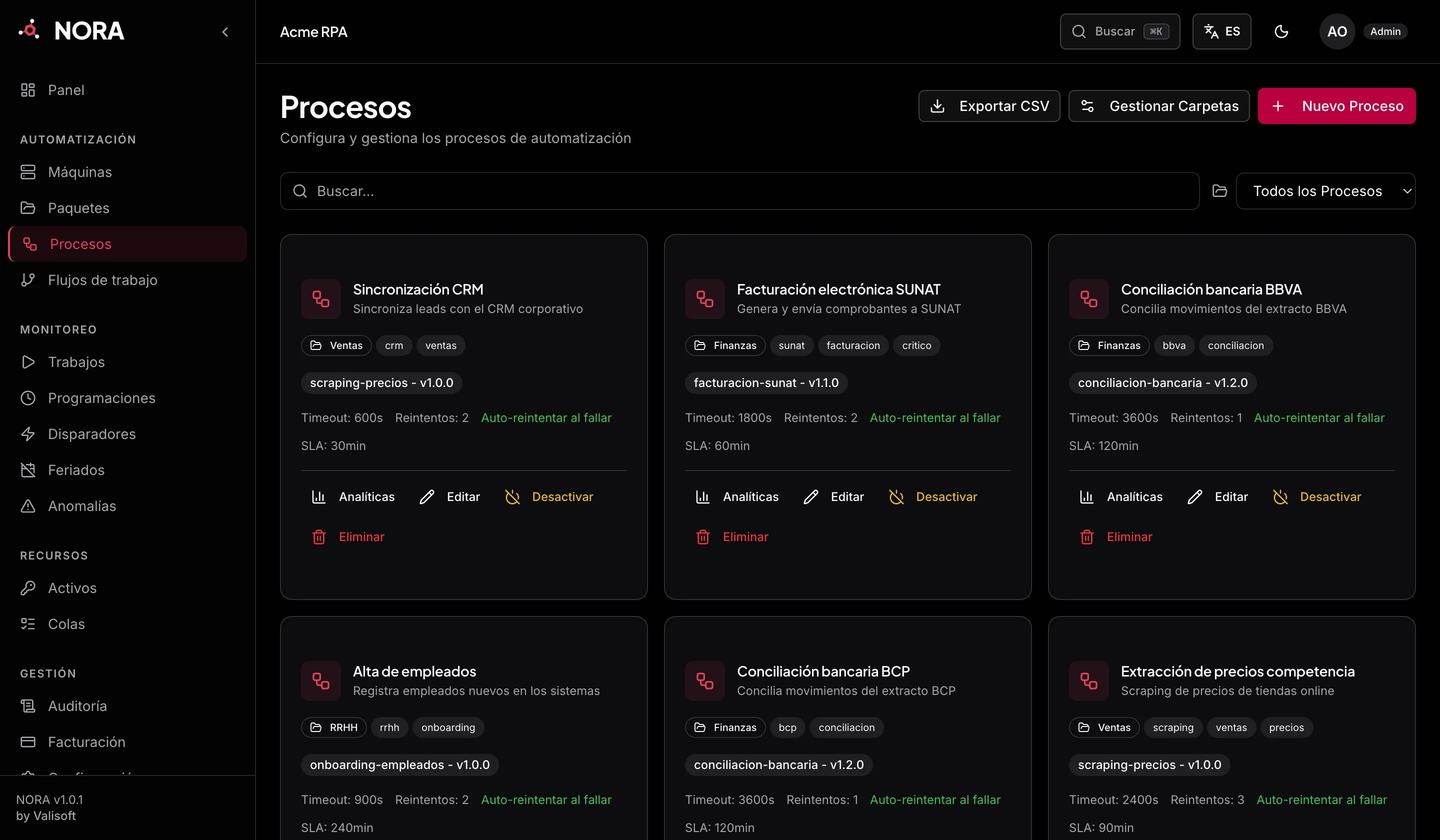 Listado de procesos en NORA, con carpeta, etiquetas, paquete y versión, timeout, reintentos y SLA de cada proceso.