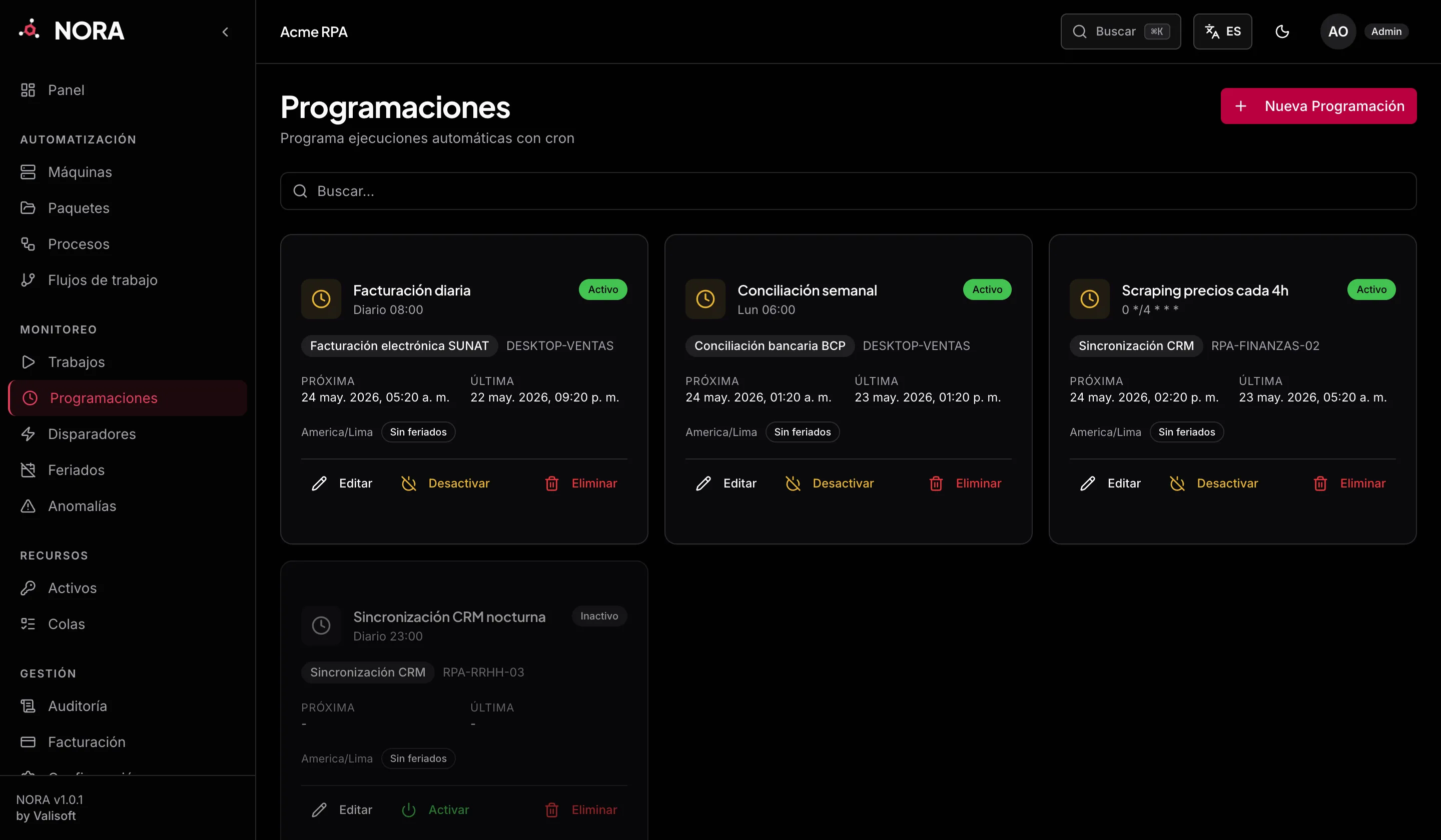Programaciones de NORA: lista de schedules con su expresión cron, zona horaria, próxima ejecución y estado activo.